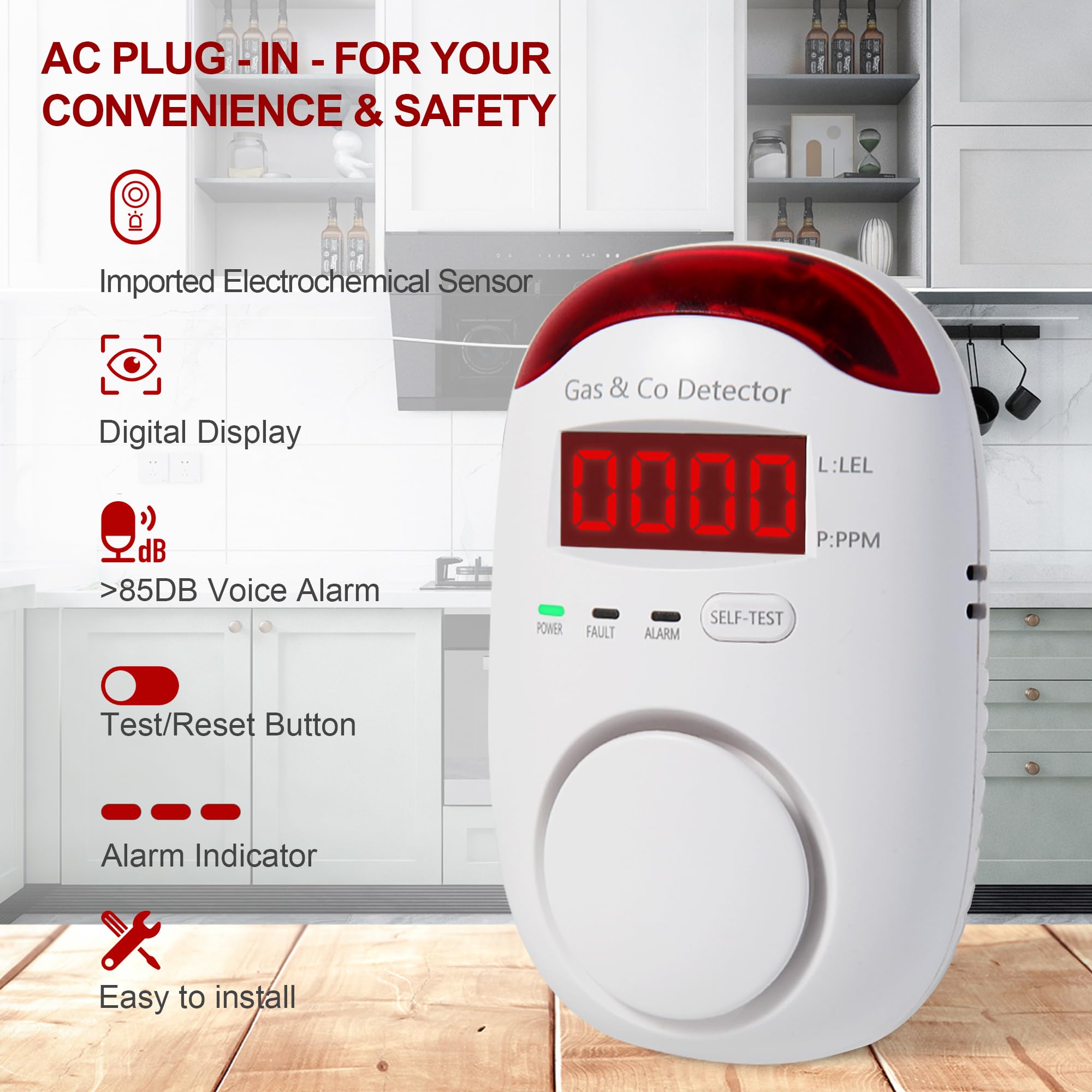 Co Detector Plug - Kombine Gaz ve Karbonmonoksit Dedektörü, Prizden